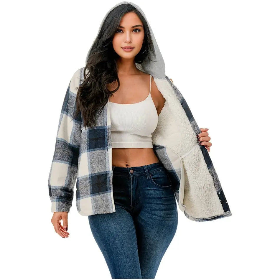 Color Fur lined plaid flannel shirt jacket shacket w/hoodie pocket