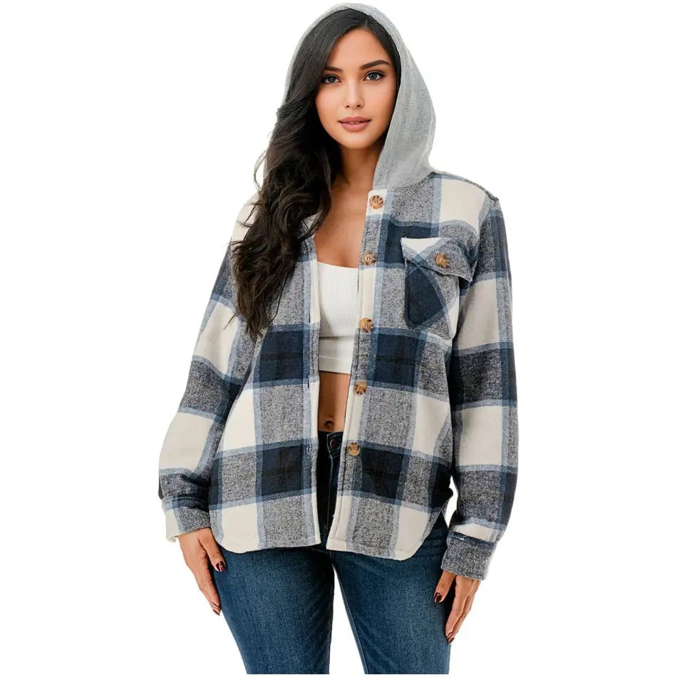 Color 5 - Fur lined plaid flannel shirt jacket shacket w/hoodie pocket