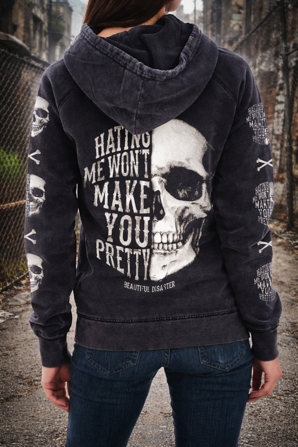 Beautiful Disaster - Hating Me Skull Mineral Wash Pullover Hoodie