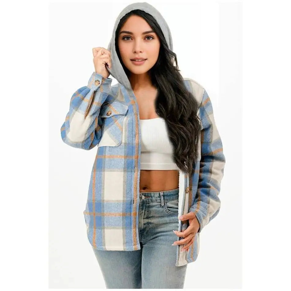 Color 5 - Fur lined plaid flannel shirt jacket shacket w/hoodie pocket