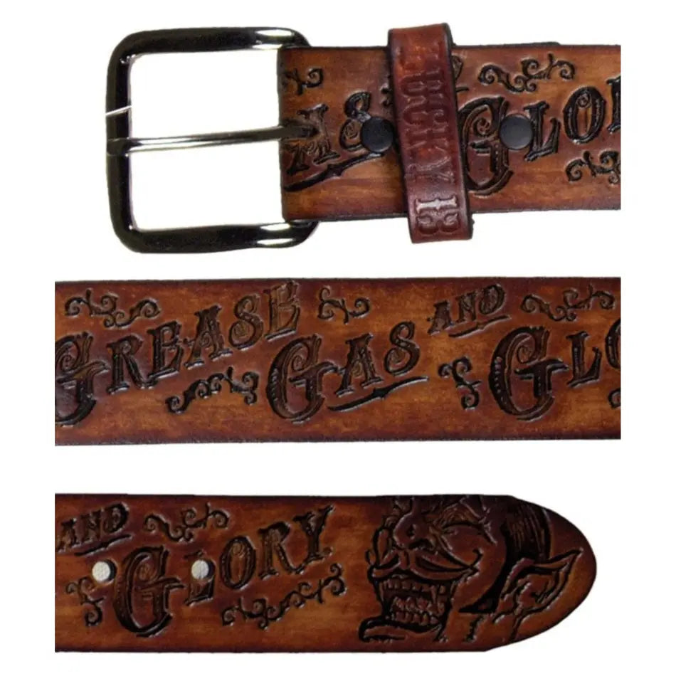 Lucky 13 GREASE, GAS & GLORY Embossed Leather Belt