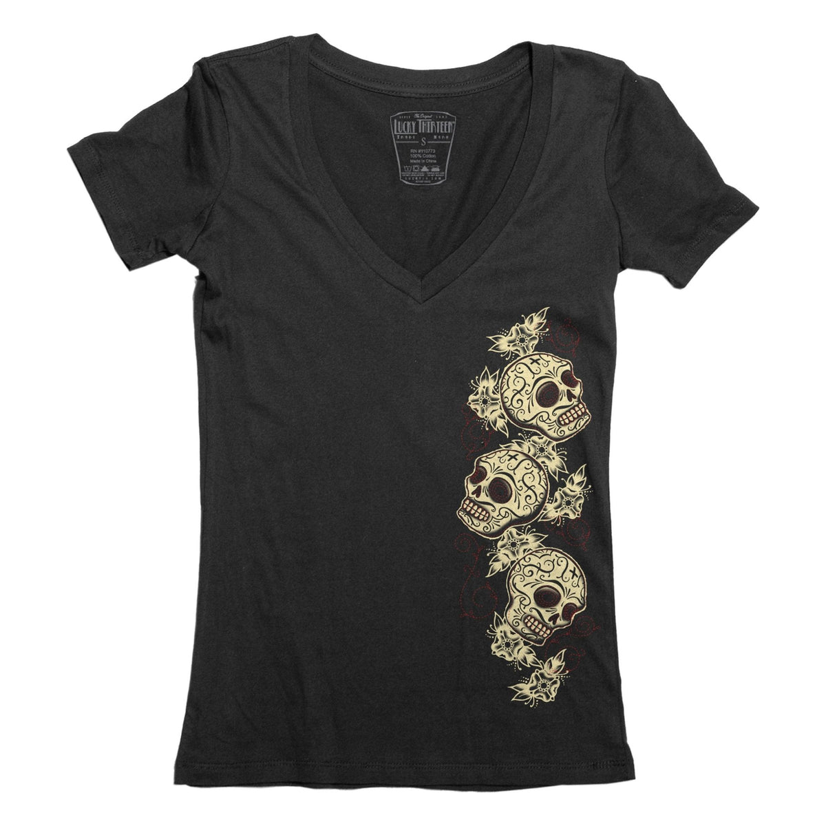 Lucky 13 Tres Skulls Womens Deep V Neck Tee