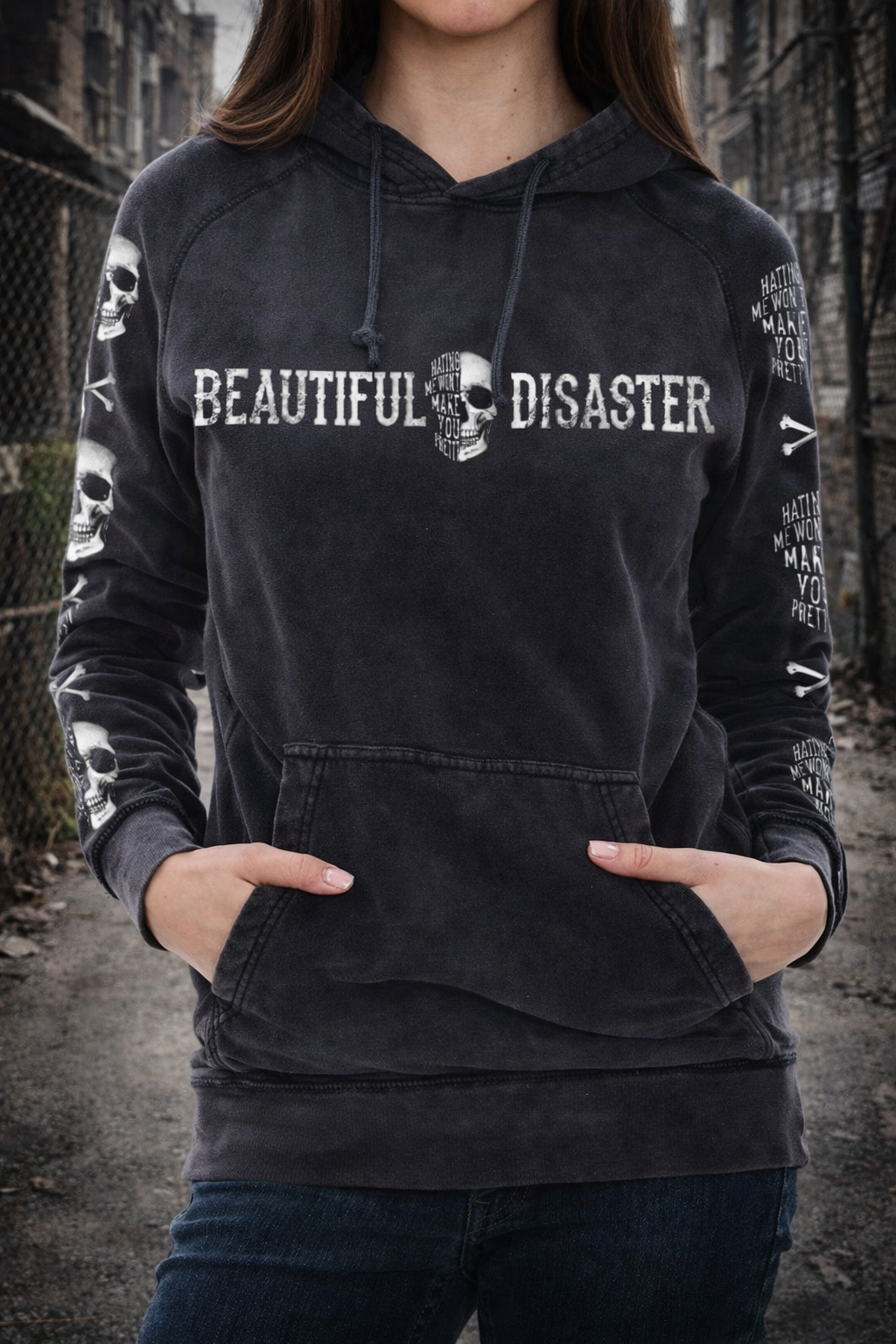 Beautiful Disaster - Hating Me Skull Mineral Wash Pullover Hoodie