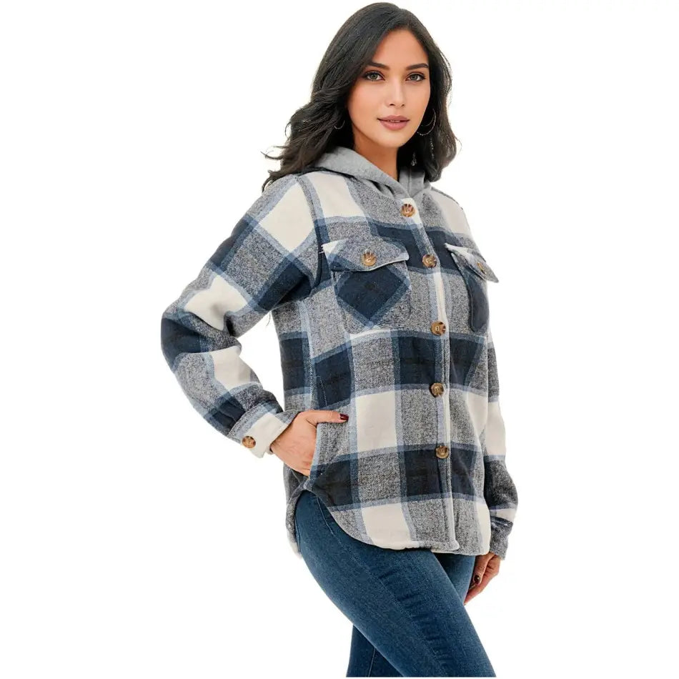 Color 5 - Fur lined plaid flannel shirt jacket shacket w/hoodie pocket