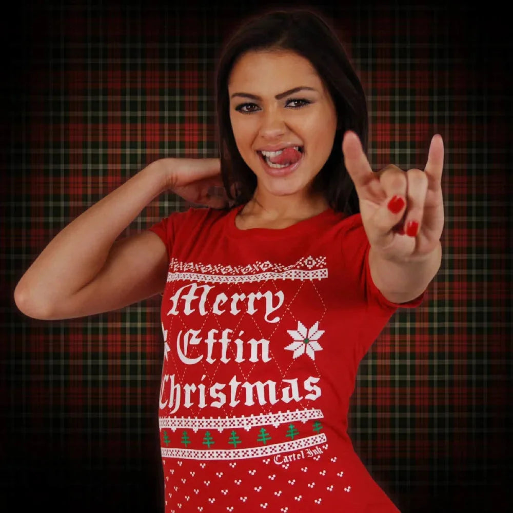 Cartel Ink - 3359-RED WHITE | Merry Effin Christmas | Women's T-Shirt: Red White / 2X - T-SHIRT - Synik Clothing - synikclothing.com