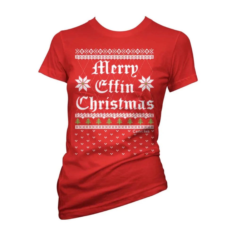 Cartel Ink - 3359-RED WHITE | Merry Effin Christmas | Women's T-Shirt: Red White / 2X - T-SHIRT - synikclothing.com