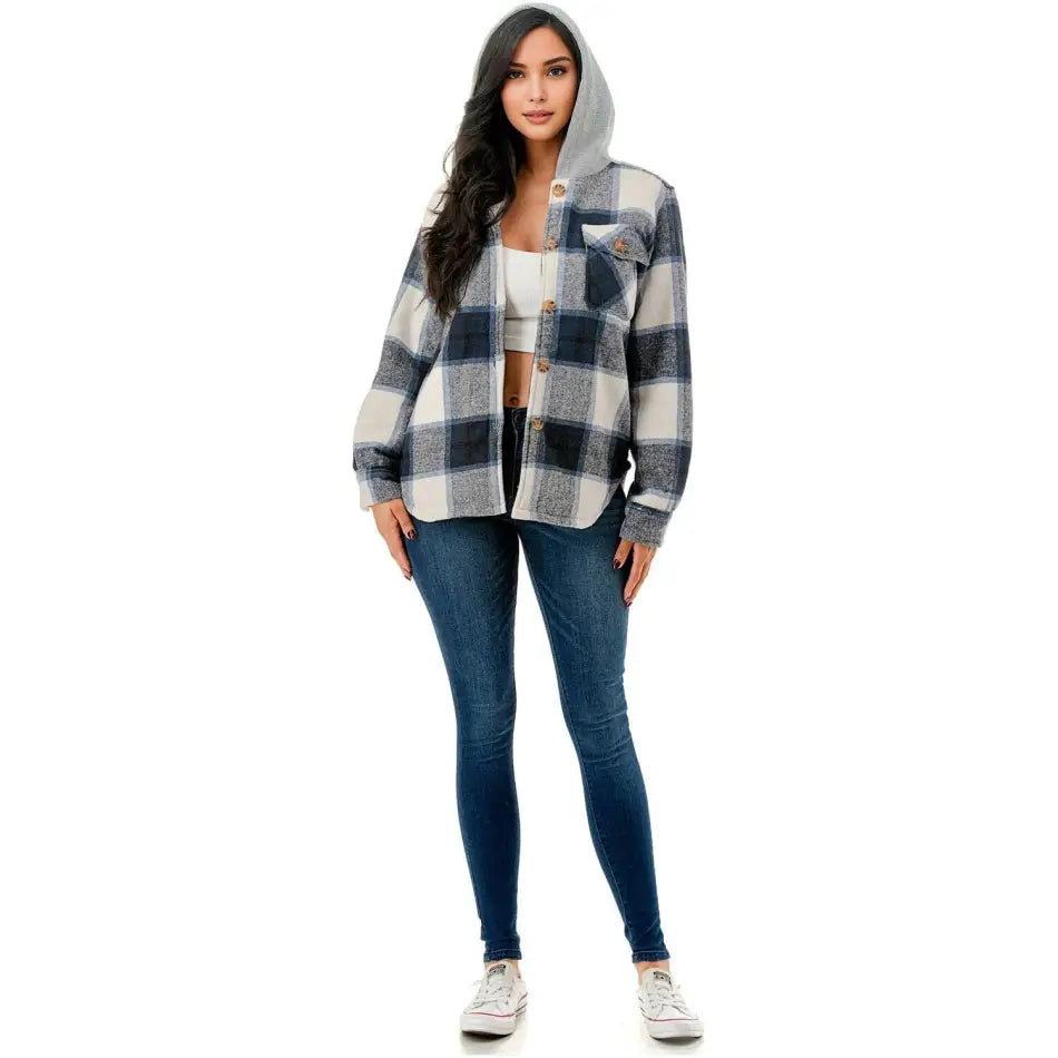 Color Fur lined plaid flannel shirt jacket shacket w/hoodie
