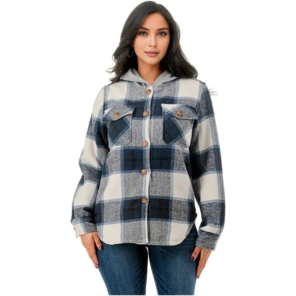 Color 5 - Fur lined plaid flannel shirt jacket shacket w/hoodie pocket