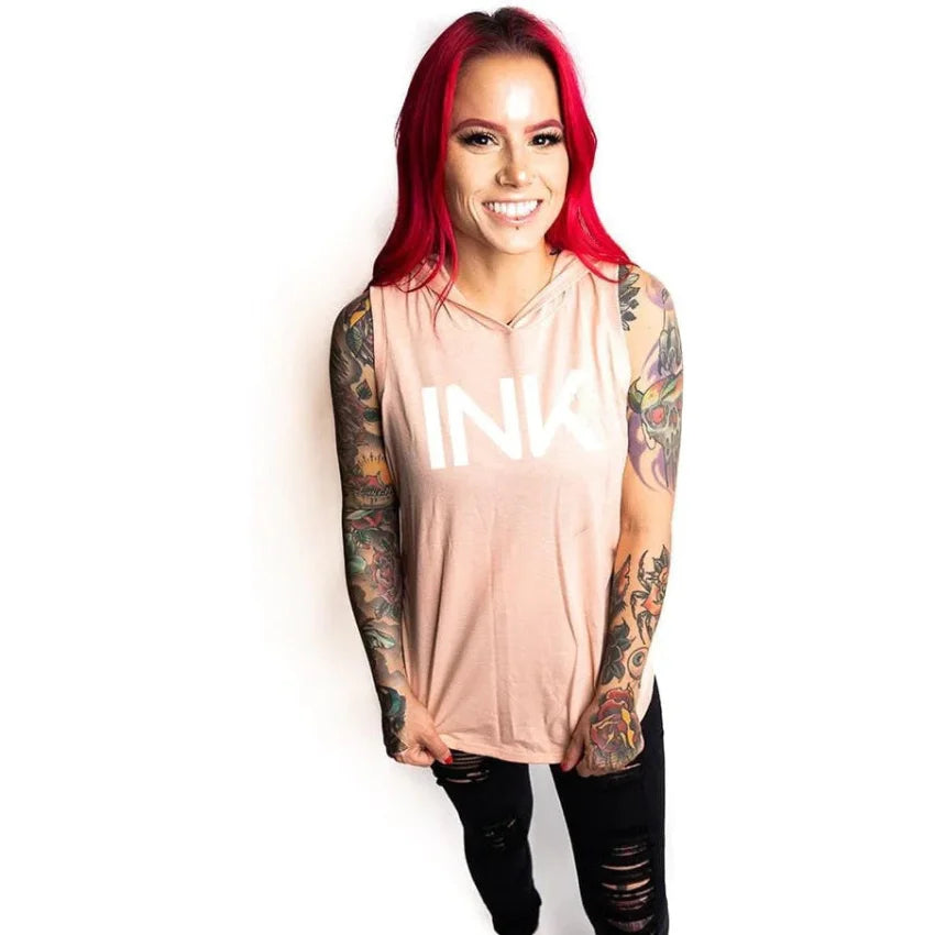 INK-ADDICT-INK-WOMEN'S-PEACH-SLEEVELESS-HOODIE-TEE-WHITE - PULLOVER HOODIE - synikclothing.com