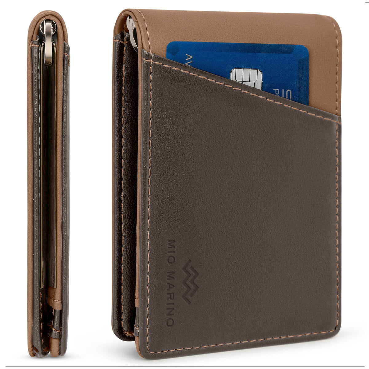 Mio Marino - Men's Slim Bifold Wallet with Quick Access Pull Tab: Gray/Beige - WALLET - synikclothing.com