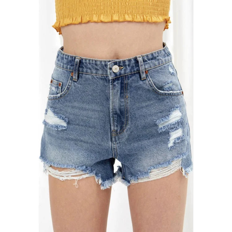 Style Up - Mom Fit High Waisted Denim Frayed Hem Shorts - - synikclothing.com