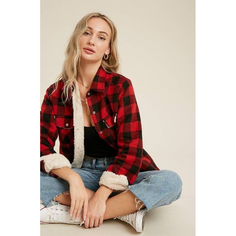 Vanilla Monkey - Buffalo Plaid Sherpa Lined Shacket: RED PLAID - - synikclothing.com