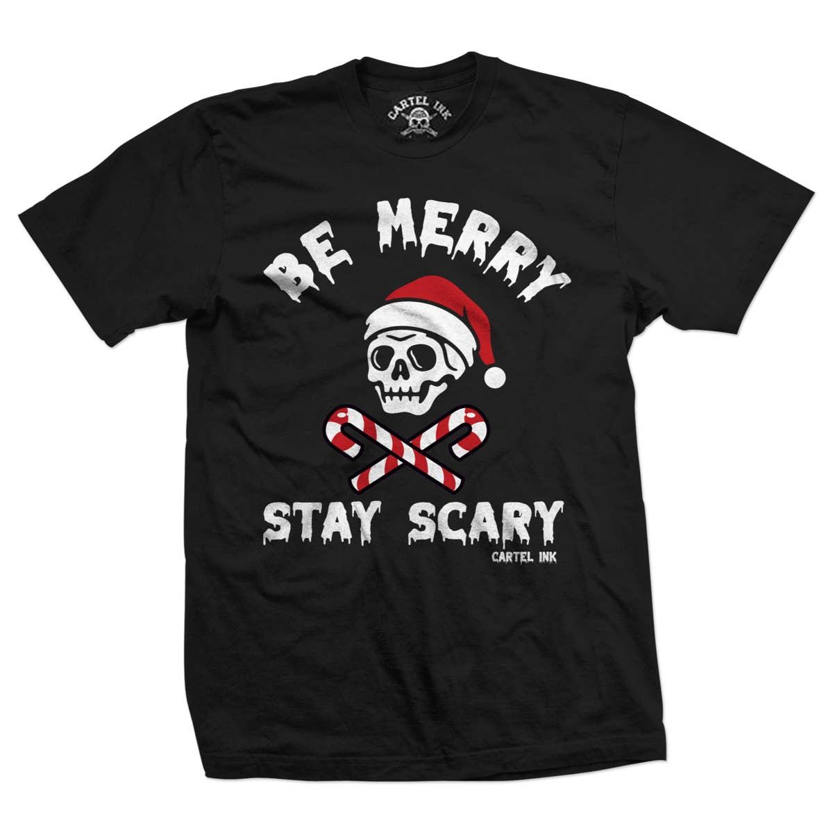 Cartel Ink - 5863-BLACK RED WHITE | Be Merry Stay Scary | Men's T-Shirt: Black White Pink / 2X - T-SHIRT - synikclothing.com