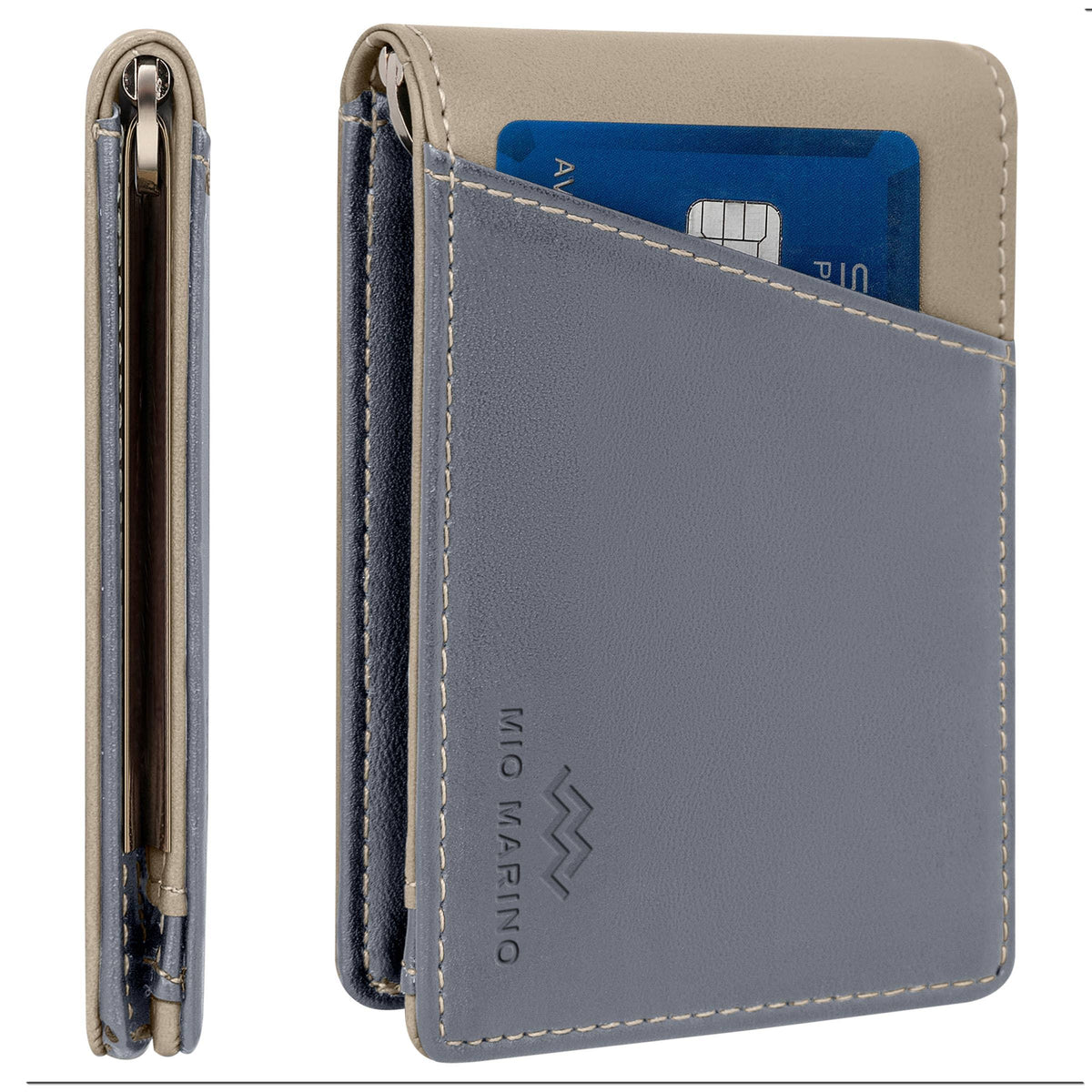 Mio Marino - Men's Slim Bifold Wallet with Quick Access Pull Tab: Gray/Beige - WALLET - synikclothing.com